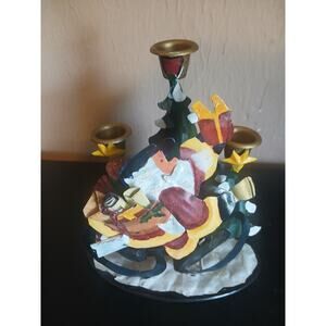 Vintage Santa Claus w/ Bag Christmas Metal Candelabra 10" Candle Holder